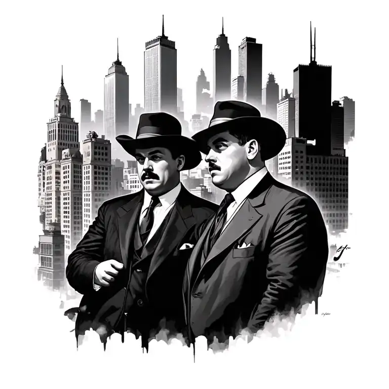 men in suits with hat, mafia bosses, al Capone, Lucky Luciano, realistic, cityscape Chicago, Public Enemy #1, tattoo design idea