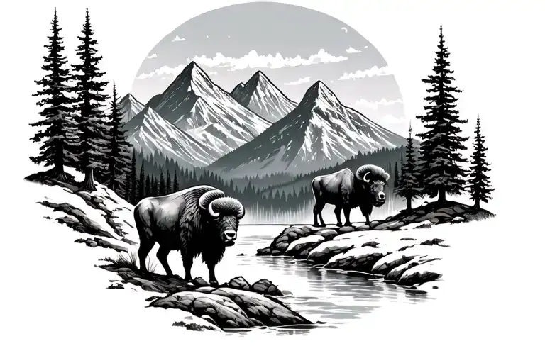 mountains, trees, streams, ram, bison tattoo design idea