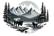 mountains, trees, streams, ram, bison tattoo design idea
