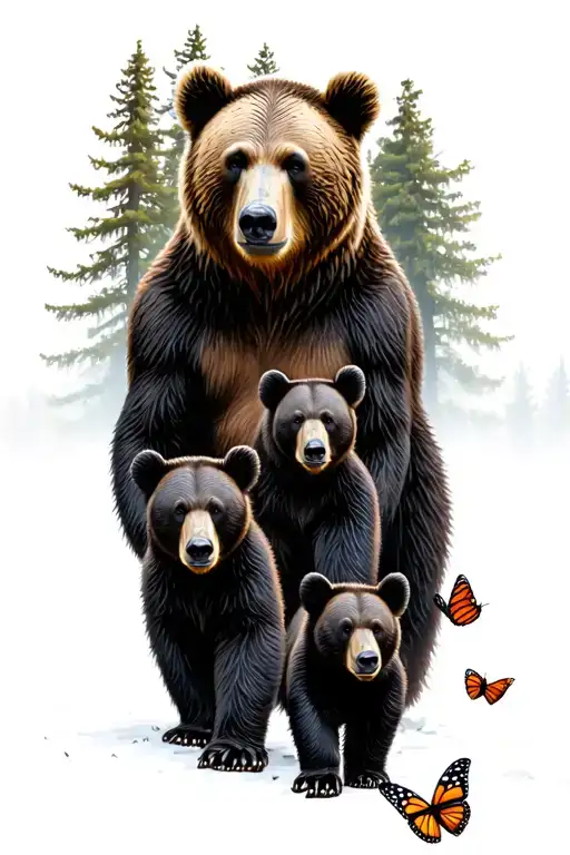 Papa bear and 3 black bear cubs and 2 monarch butterfly walking in the wilderness trees tattoo design idea