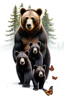 Papa bear and 3 black bear cubs and 2 monarch butterfly walking in the wilderness trees tattoo design idea