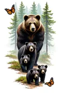 Papa bear and 3 black bear cubs and 2 monarch butterfly walking in the wilderness trees tattoo design idea