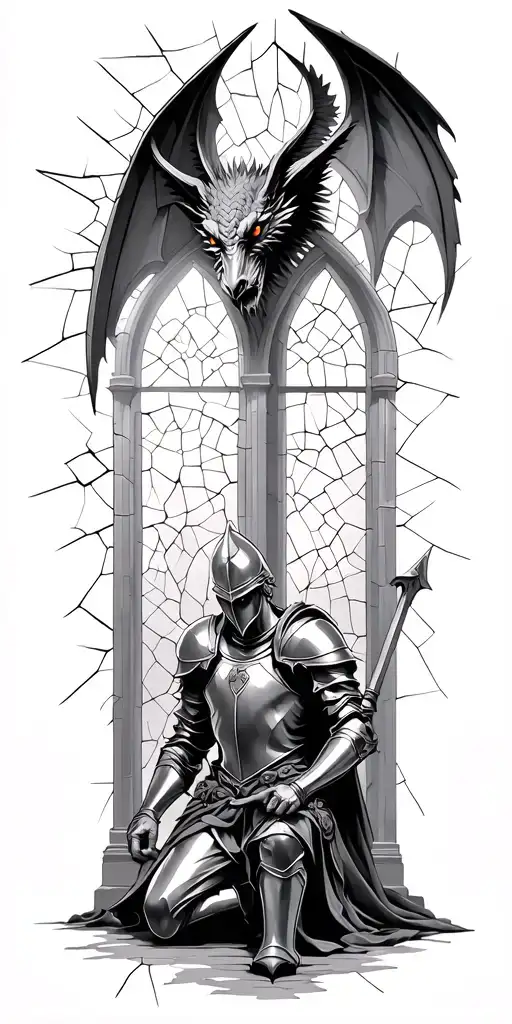 Gargoyle Gothic cathedral towerArched stain broken glass window light shining on knight Kneeling knight  tattoo design idea