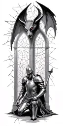 Gargoyle Gothic cathedral towerArched stain broken glass window light shining on knight Kneeling knight  tattoo design idea