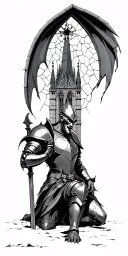Gargoyle Gothic cathedral towerArched stain broken glass window light shining on knight Kneeling knight  tattoo design idea