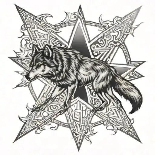 shadow of a wolf with a 5-pointed star tattoo design idea