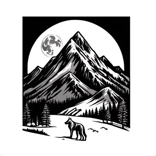 Mountain with full moon in the background that incorporates blackfoot native totem poles and wolves tattoo design idea