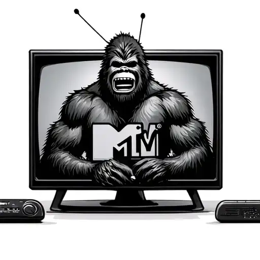 Bigfoot looking at MTV logo on tv screen displaying tattoo design idea