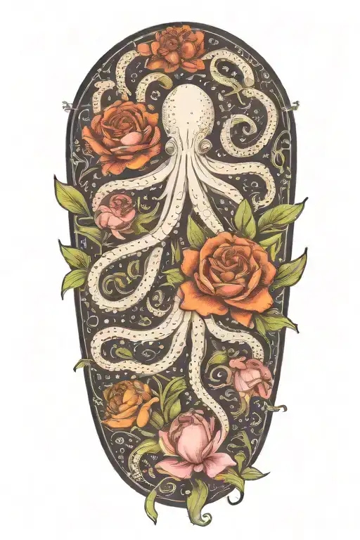 snowdrop, rose, marigold, octopus tenticals tattoo design idea