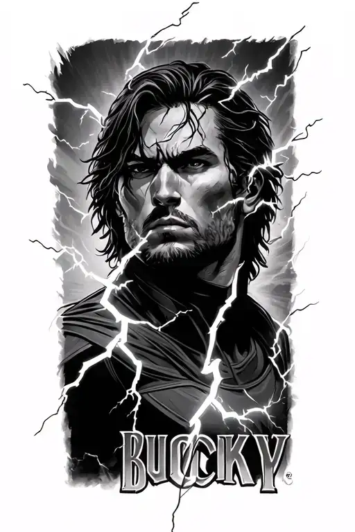 lightning strike on name bucky tattoo design idea