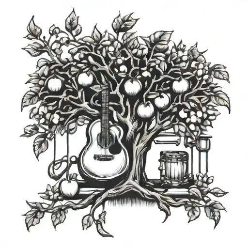 A tattoo design of a cider apple tree with musical instruments hanging from the branches, reflecting your interests in ciders and music tattoo design idea