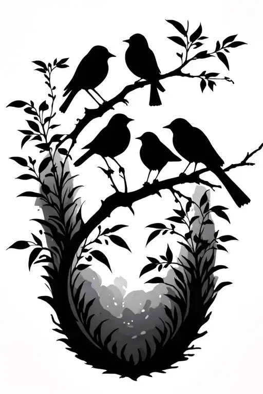 3 little birds silhouette above knee on branch tattoo design idea
