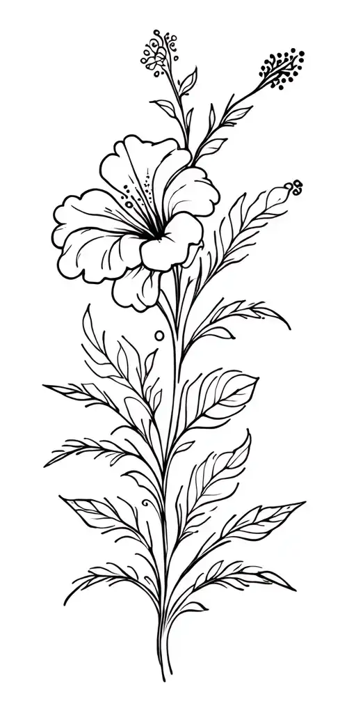 hibiscus flowers, simple, small vines and leaves, swirls, small dots, henna-like tattoo design idea