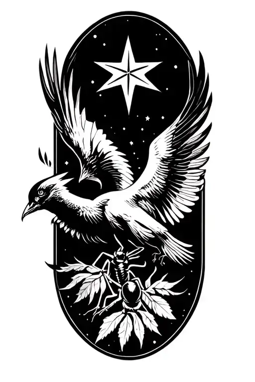a phoenix flying under a philant star brings a leaf of lorium in its beak to a single ant tattoo design idea