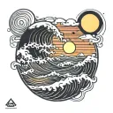 sunset sea, wave, simple line drawing tattoo design idea