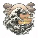 sunset sea, wave, simple line drawing tattoo design idea