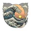 sunset sea, wave, simple line drawing tattoo design idea