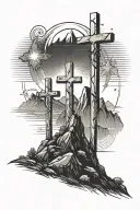 3 crosses on top of a mountain with the sun shinning behind them tattoo design idea