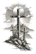 3 crosses on top of a mountain with the sun shinning behind them tattoo design idea