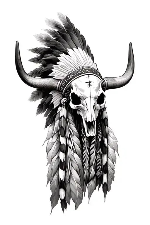 native american chief, texas, longhorn skull, fog smoke shading  tattoo design idea