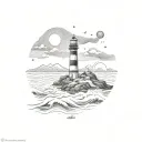 waves, lighthouse, sea, mountain, circle night sky tattoo design idea