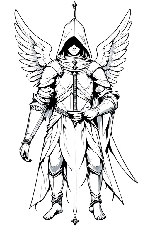 angel holding a sword (who face is dark under a hood wearing armor with six wings) tattoo design idea