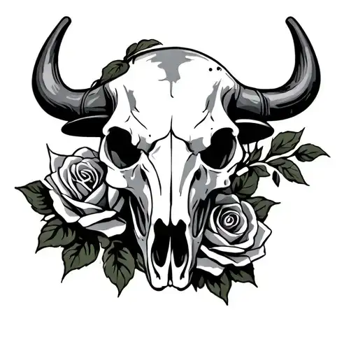 skull and roses western bull skull tattoo design idea