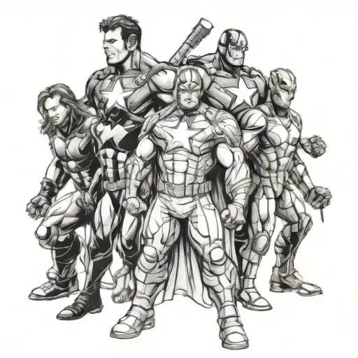 Marvel Avengers team standing together ready to fight in a comic book version drawing tattoo design idea