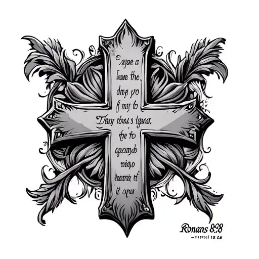 western tooling cross bible scripture romans 8:28 tattoo design idea