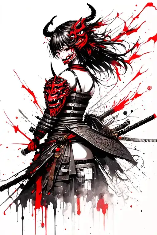 anime girl samurai with demon mask on her back tattoo design idea