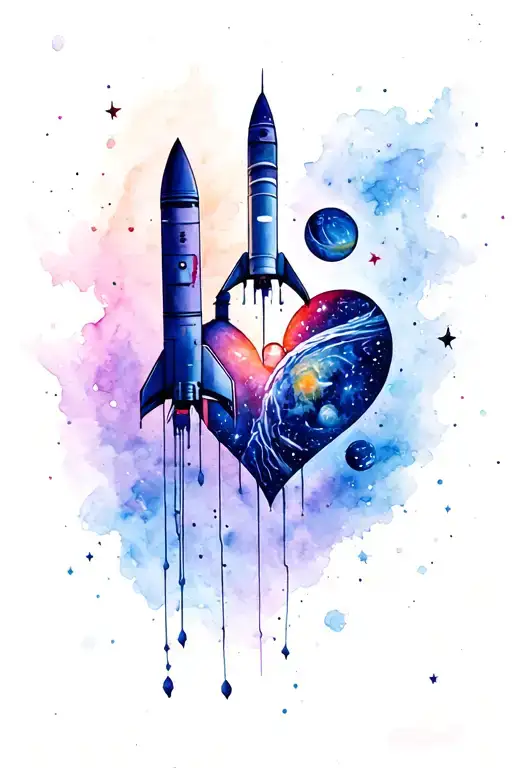 double tattoo for men and women. At the heart of the cosmos, the planet, the rocket, the heart On the tattoos have mirro tattoo design idea