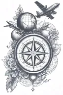 travel inspired tattoo featuring compass, plane, globe tattoo design idea