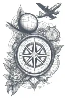 travel inspired tattoo featuring compass, plane, globe tattoo design idea