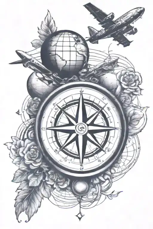 travel inspired tattoo featuring compass, plane, globe tattoo design idea