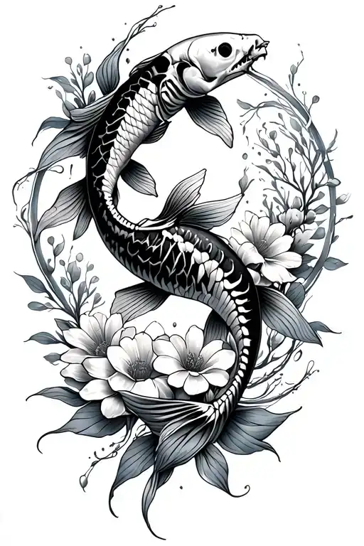 pisces tattoo, 1 alive koi fish swimming in a circle with a dead skeleton fish. with flowers tattoo design idea