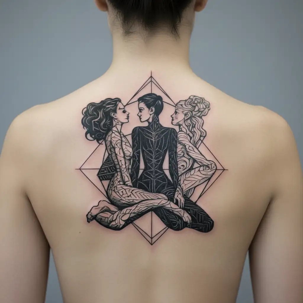 A full body image of a beautiful feminine shemale in a frontal embrace with a submissive young woman  tattoo design idea