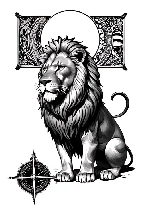 lion with a navigation compass tattoo design idea