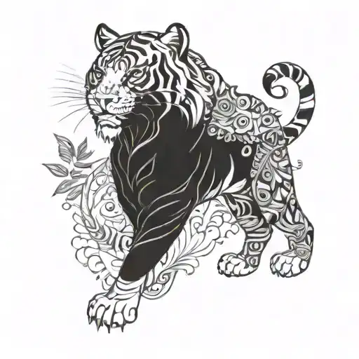 A fusion of Indian culture and anime, featuring a majestic tiger surrounded by intricate henna patterns tattoo design idea