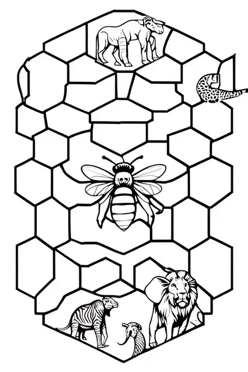 hexagon bee hive pattern with safari fauna intertwined and added elements of lions, pangolins, elephant and giraffe tattoo design idea