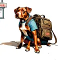 red Dog sitting at street corner with man wearing large backpack with bar sign in background tattoo design idea