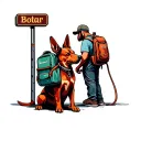 red Dog sitting at street corner with man wearing large backpack with bar sign in background tattoo design idea