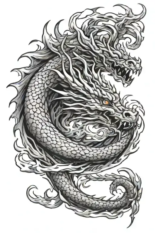 dragon breathing long fire flames tattoo design idea