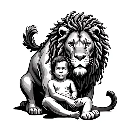 A powerful lion with dread-like mane (mirroring locs), curled protectively around a small child sitting peacefully  tattoo design idea