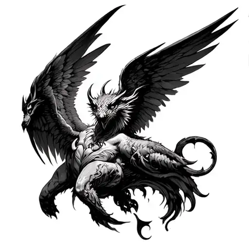 a neo gothic winged creature with high contrast and 3D perspective on the calf tattoo design idea