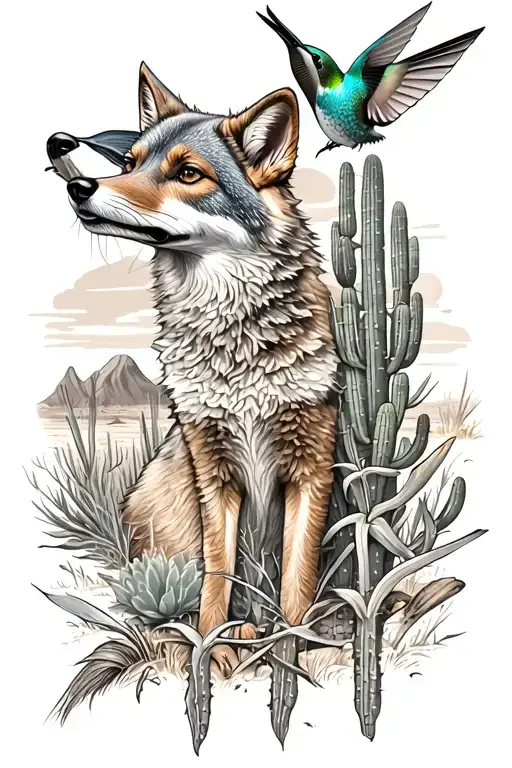 desert scene with a coyote, hummingbird and catus tattoo design idea
