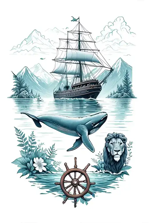 Plants, flowers, landscape with mountains, humpback whale in the water, lion, elephant, a steering wheel from a sailing ship tattoo design idea