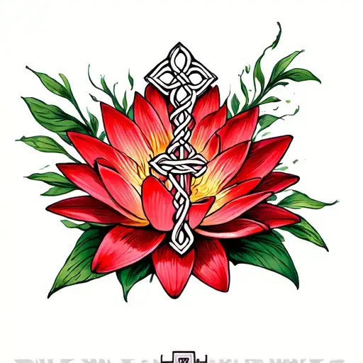witches knot cross and red water lily flower tattoo design idea