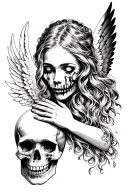 woman angel holding the face of a sad skull tattoo design idea
