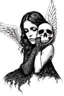 woman angel holding the face of a sad skull tattoo design idea