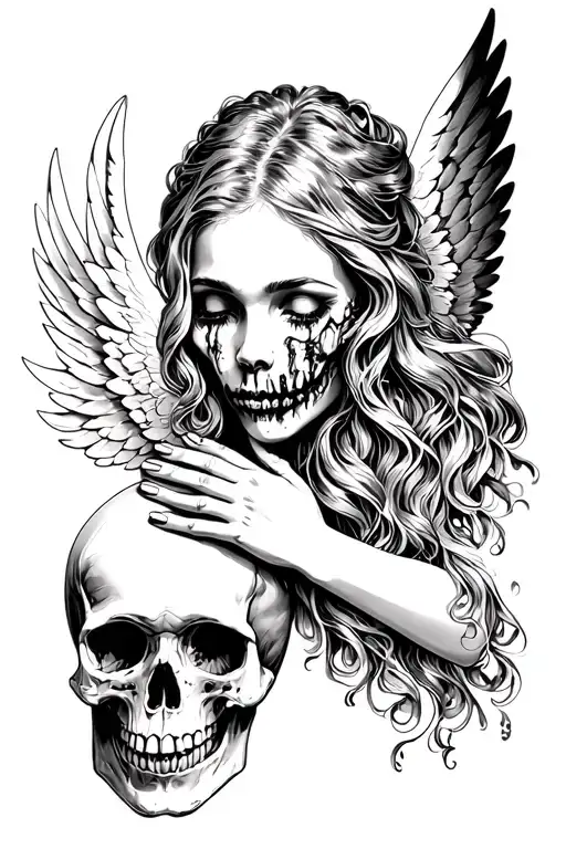 woman angel holding the face of a sad skull tattoo design idea
